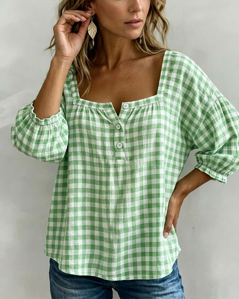 Blusa de cuello cuadrado con botones, estampado escocés
