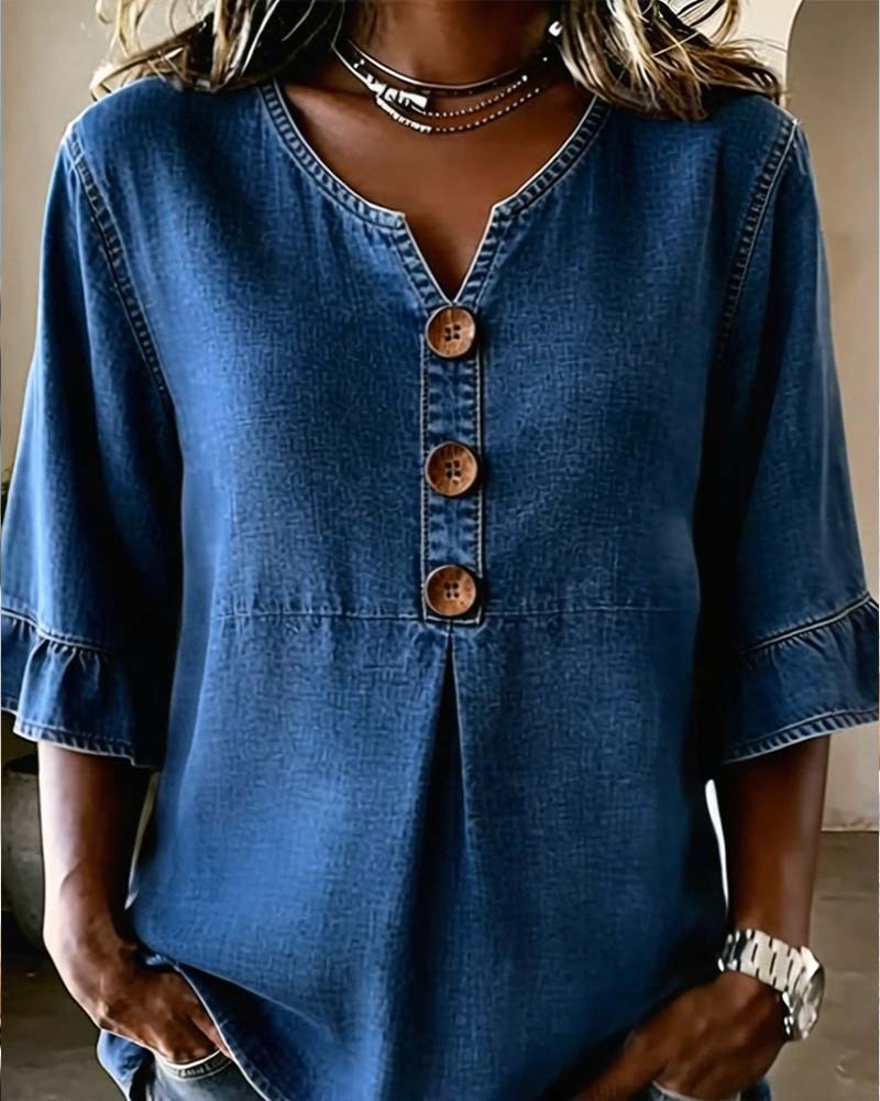 Blusa vaquera de cuello en V con manga acampanada