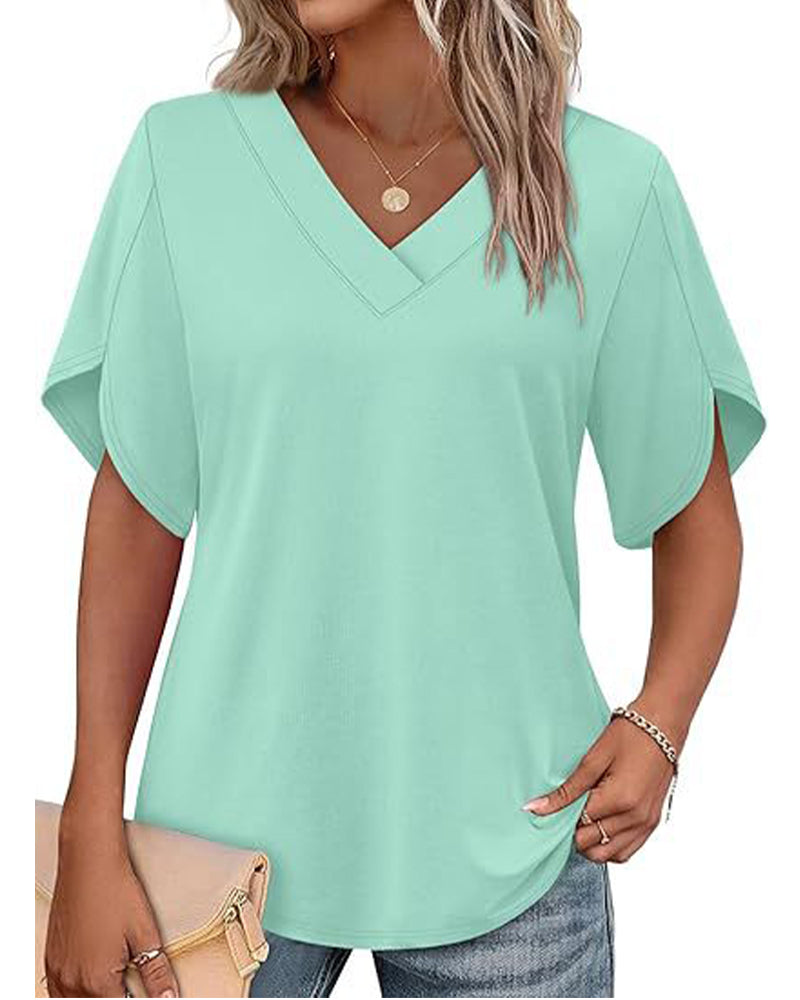 Camiseta de cuello en V, abertura pequeña, mangas cortas, lisa