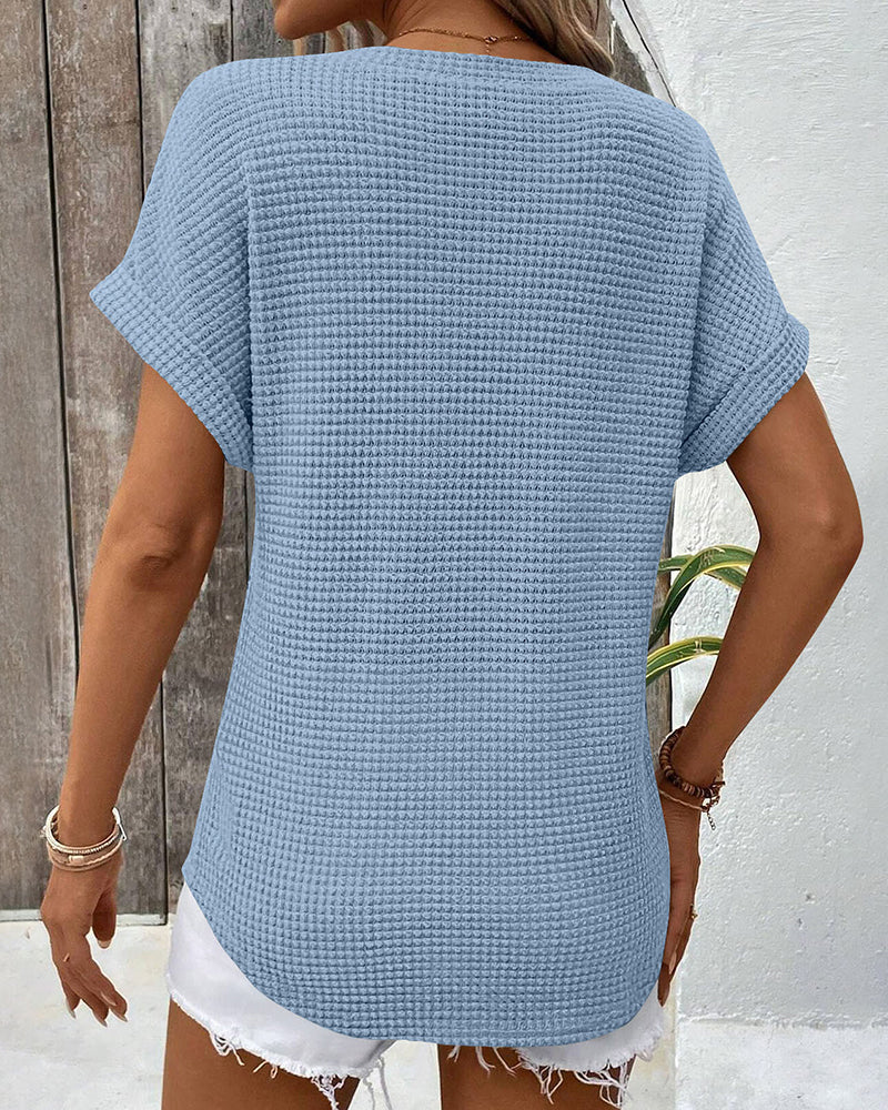 Camiseta para mujer de punto texturizado con escote en V, casual, verano