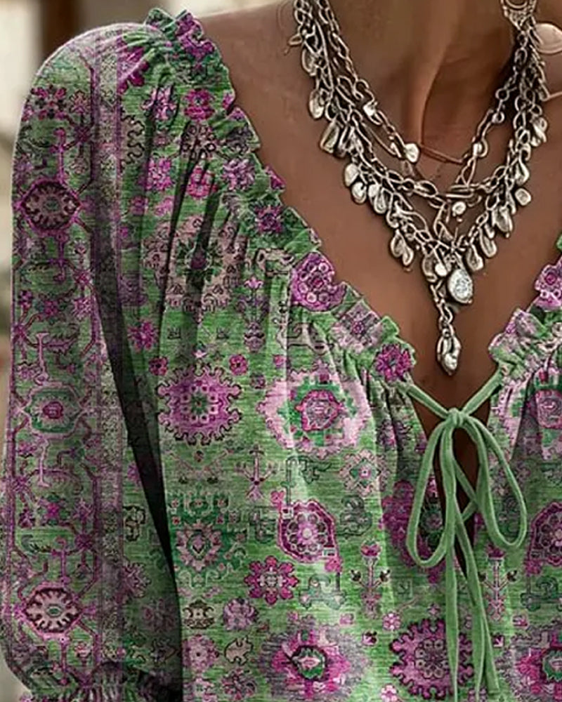 Blusa de escote en V con lazo, estampado vintage