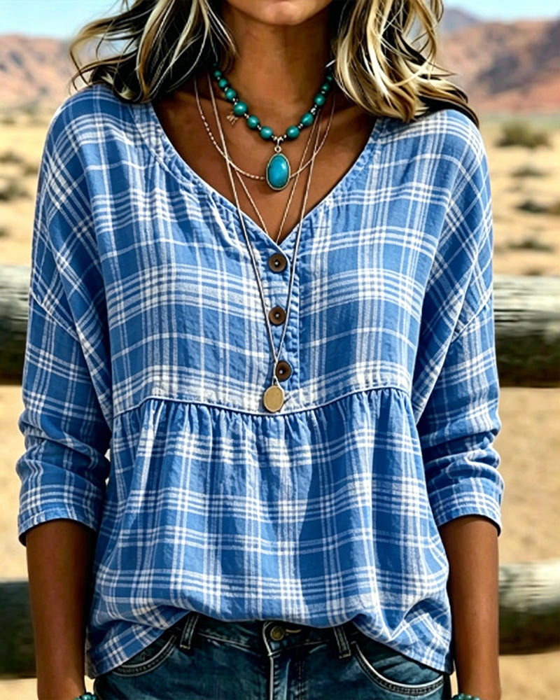 Blusa vintage de cuadros con escote en V