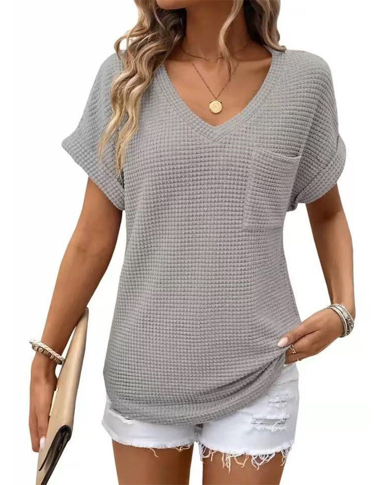 Camiseta para mujer de punto texturizado con escote en V, casual, verano