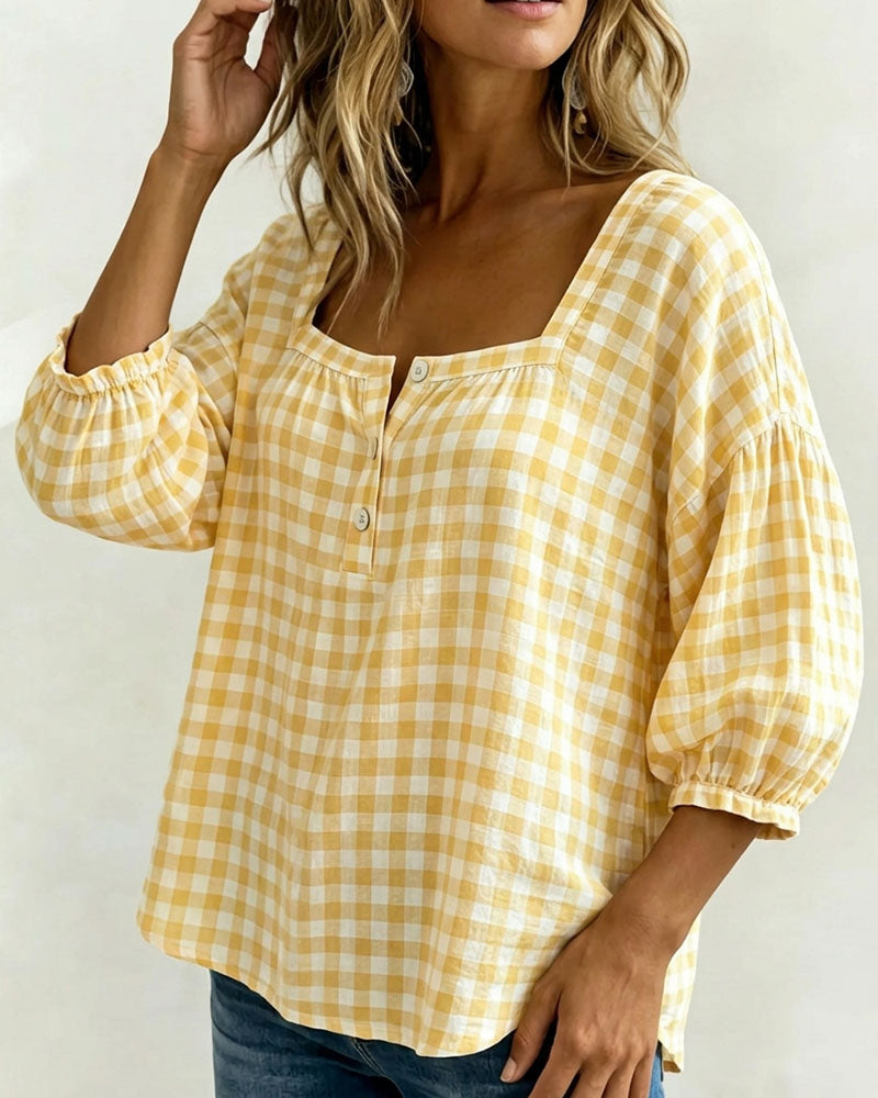 Blusa de cuello cuadrado con botones, estampado escocés