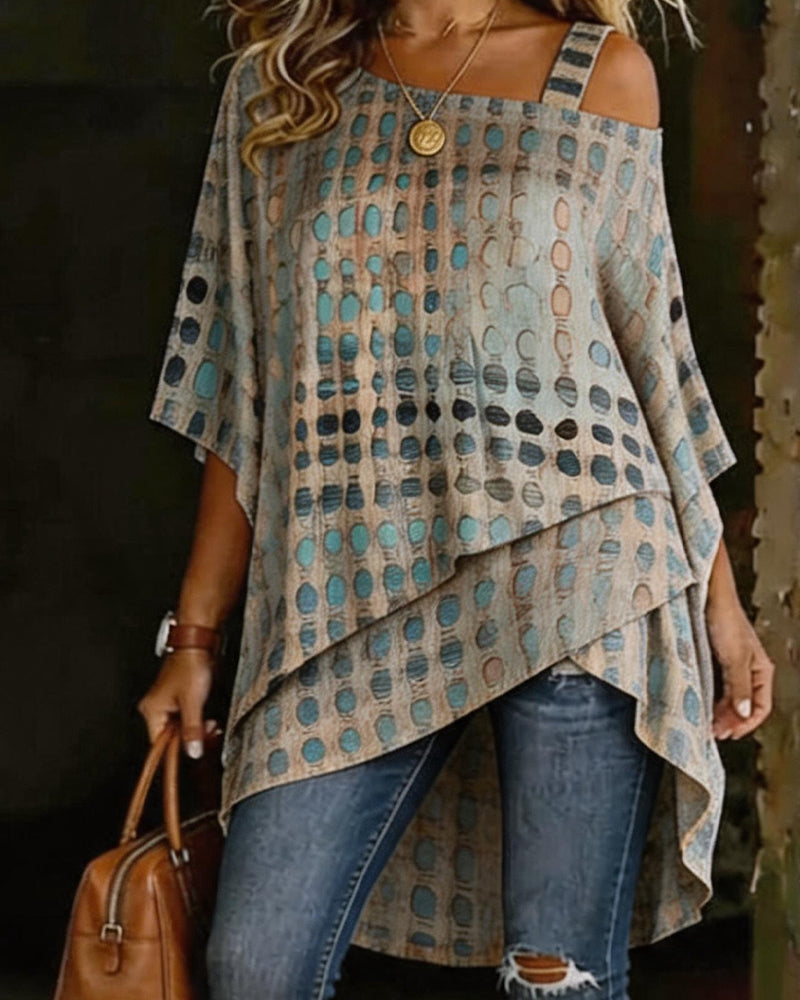 Blusa estampada de lunares con escote asimétrico de un solo hombro