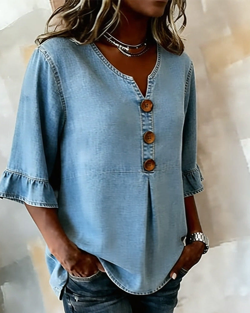 Blusa vaquera de cuello en V con manga acampanada
