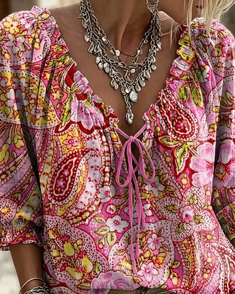 Blusa de escote en V con lazo, estampada, mangas globo