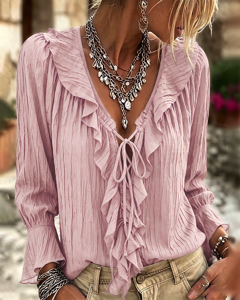 Blusa de manga larga con volante y ribete de encaje