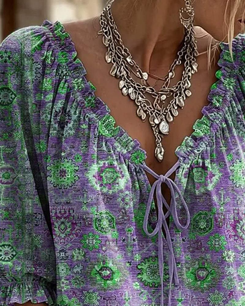 Blusa de escote en V con lazo, estampado vintage