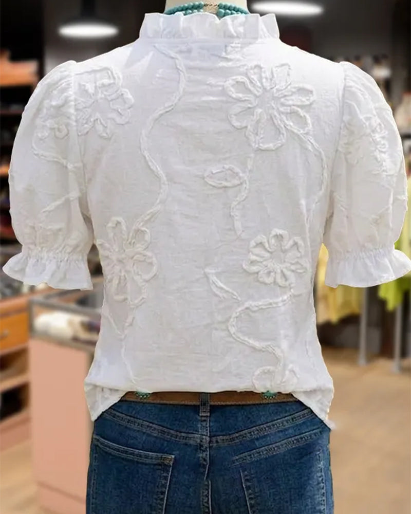 Blusa cuello en V con borde volante y manga abullonada