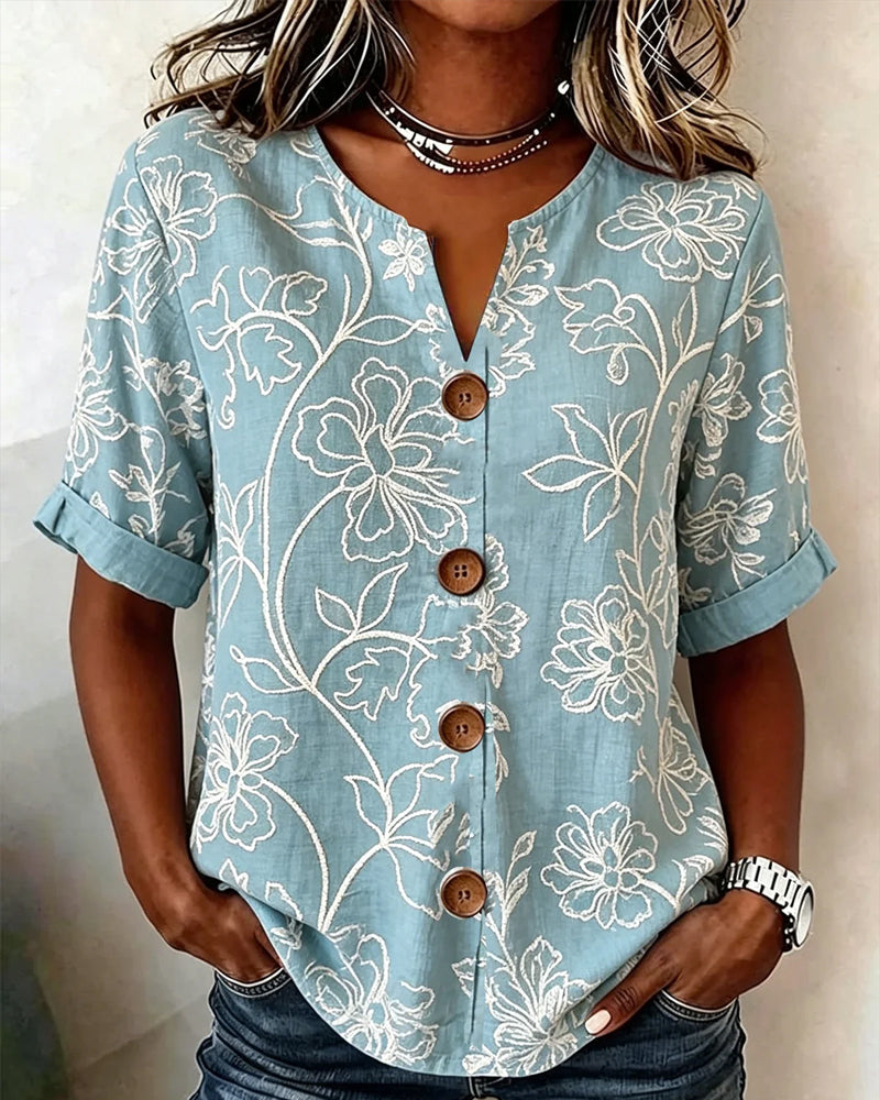 Blusa con escote en V estampado de peonía y botones