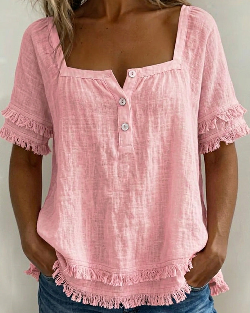 Blusa de cuello cuadrado con media tapeta y flecos