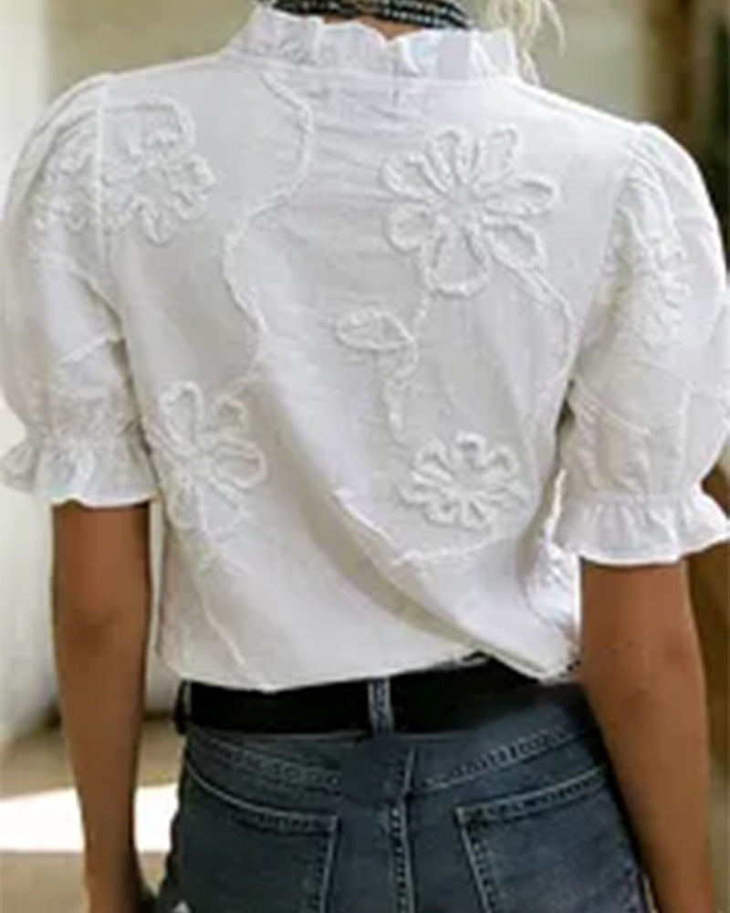 Blusa cuello en V con borde volante y manga abullonada