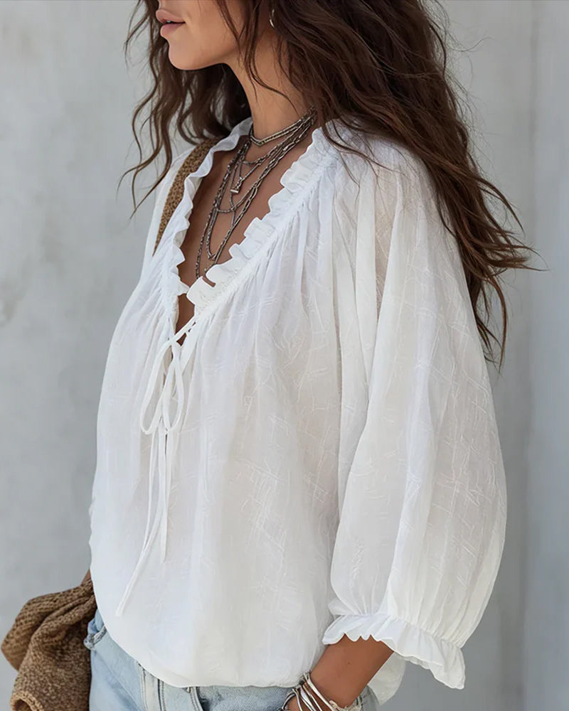 Blusa de cuello en V con lazos