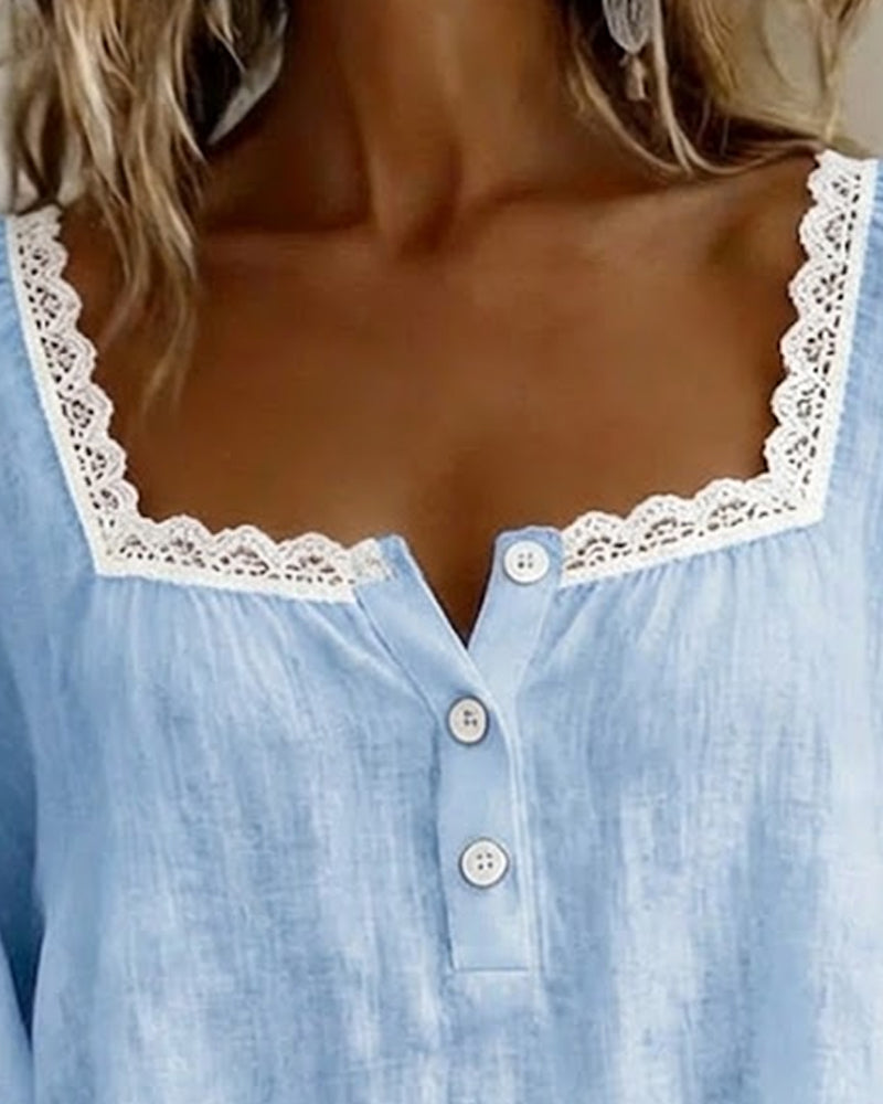 Blusa de cuello cuadrado en encaje con mangas abullonadas