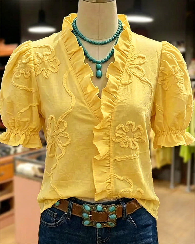Blusa cuello en V con borde volante y manga abullonada