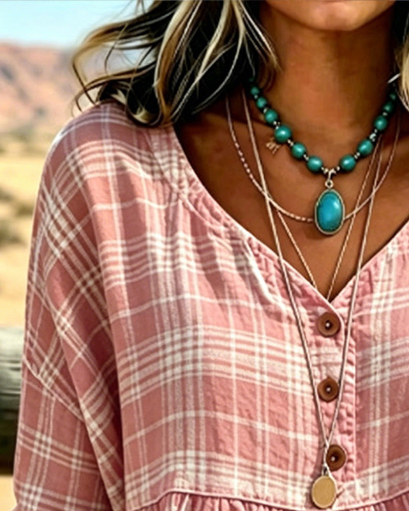 Blusa vintage de cuadros con escote en V