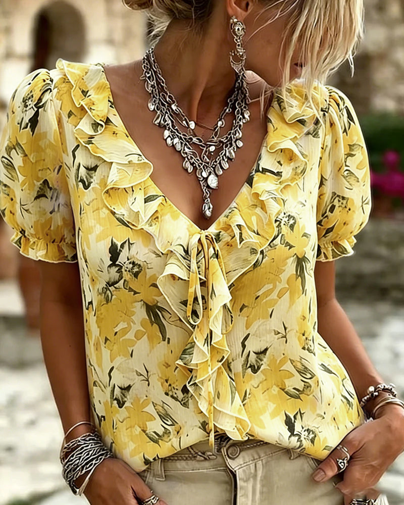 Blusa de escote en V con volante y manga abullonada