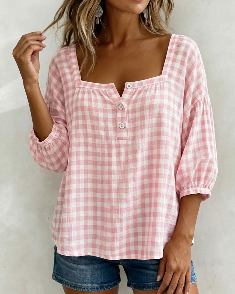 Blusa de cuello cuadrado con botones, estampado escocés