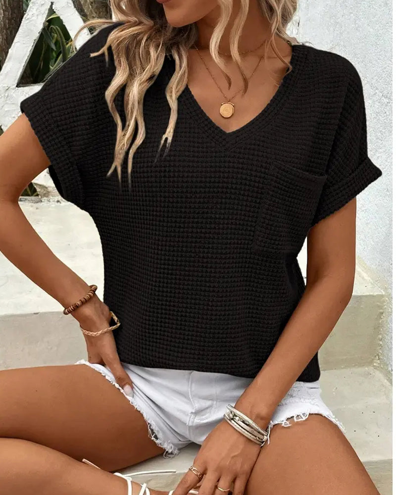 Camiseta para mujer de punto texturizado con escote en V, casual, verano