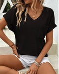 Camiseta para mujer de punto texturizado con escote en V, casual, verano