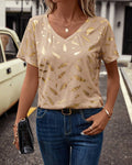 Camiseta de escote en V estampada con hojas, casual
