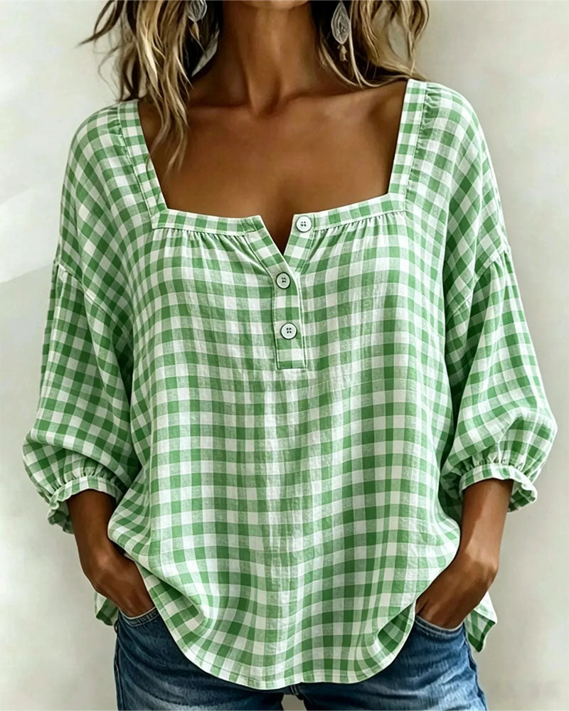 Blusa de cuello cuadrado con botones, estampado escocés