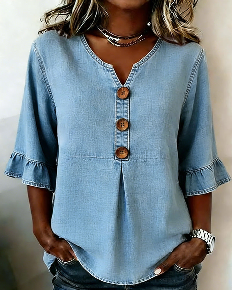 Blusa vaquera de cuello en V con manga acampanada
