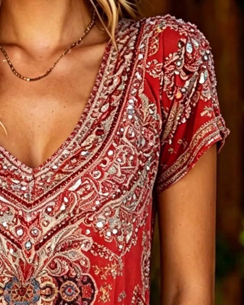 Camiseta bohemia con escote en V estampada de manga corta