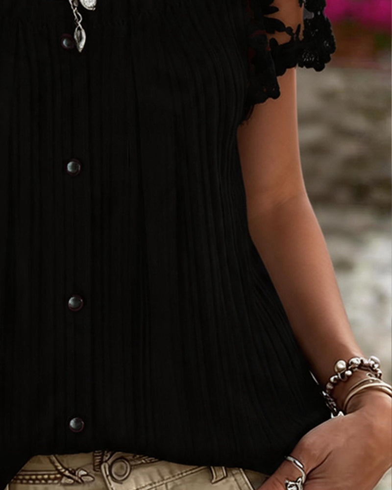 Blusa con escote cuadrado acanalado, encaje y patchwork
