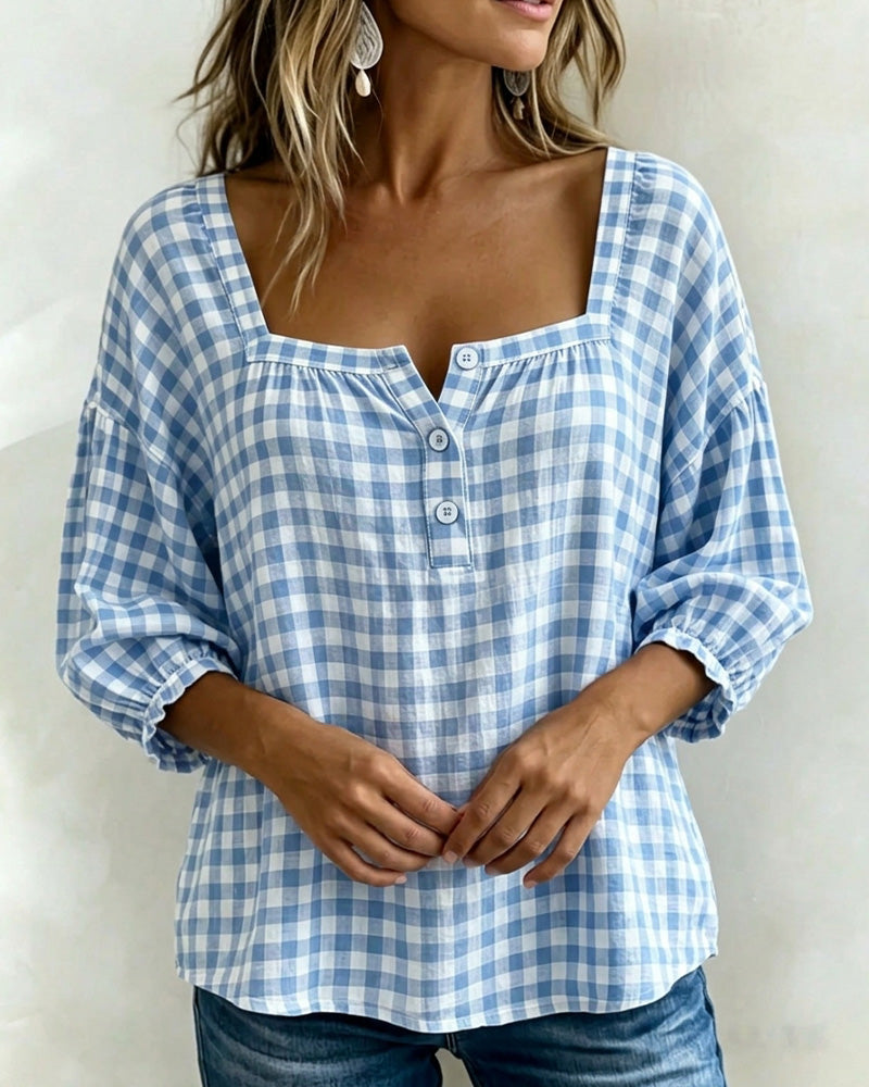 Blusa de cuello cuadrado con botones, estampado escocés