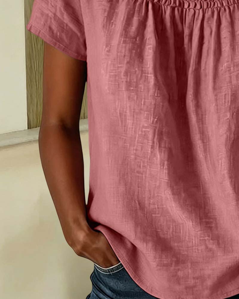 Blusa de cuello cuadrado fruncido de manga corta