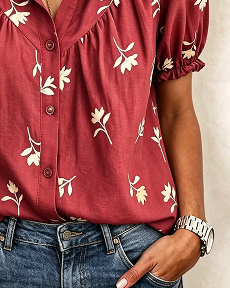 Blusa de manga abullonada, casual y con frunce