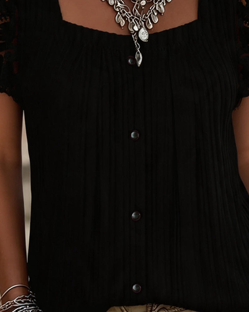 Blusa con escote cuadrado acanalado, encaje y patchwork