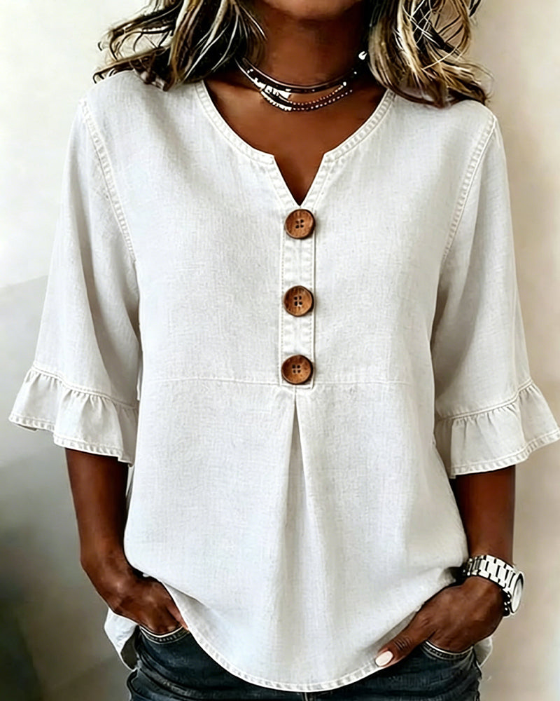 Blusa vaquera de cuello en V con manga acampanada