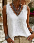 Top sin mangas de cuello en V liso con encaje