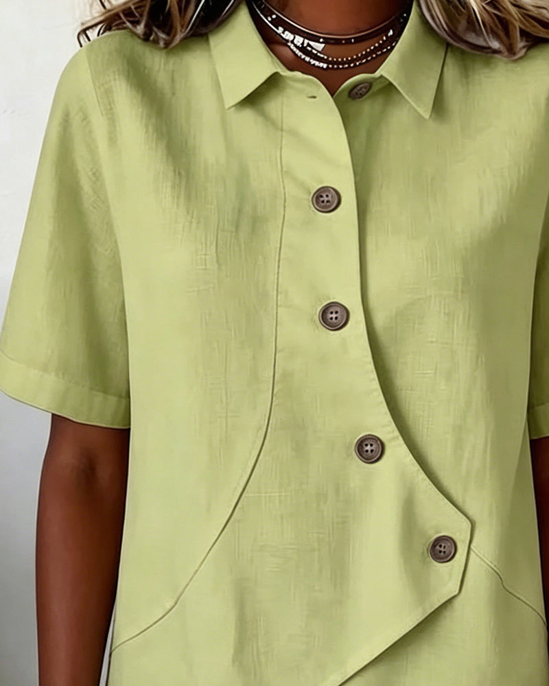 Camisa de algodón-lino asimétrica con botonadura