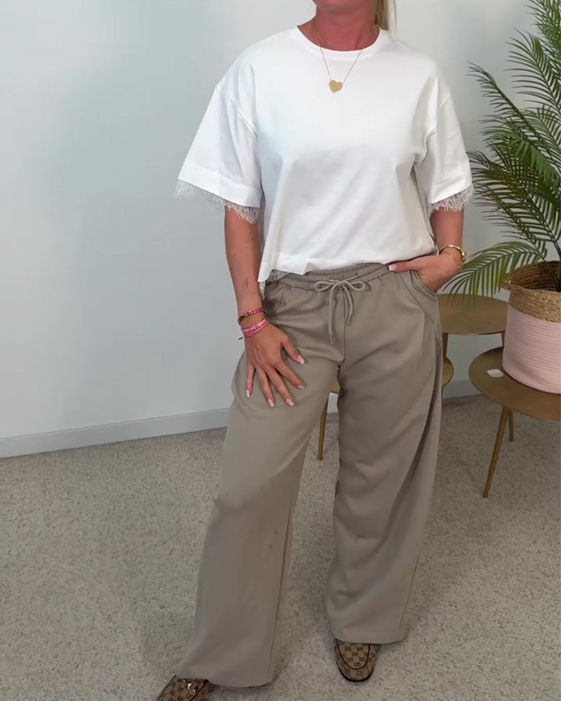 Blusa de espalda con abertura de encaje y manga corta