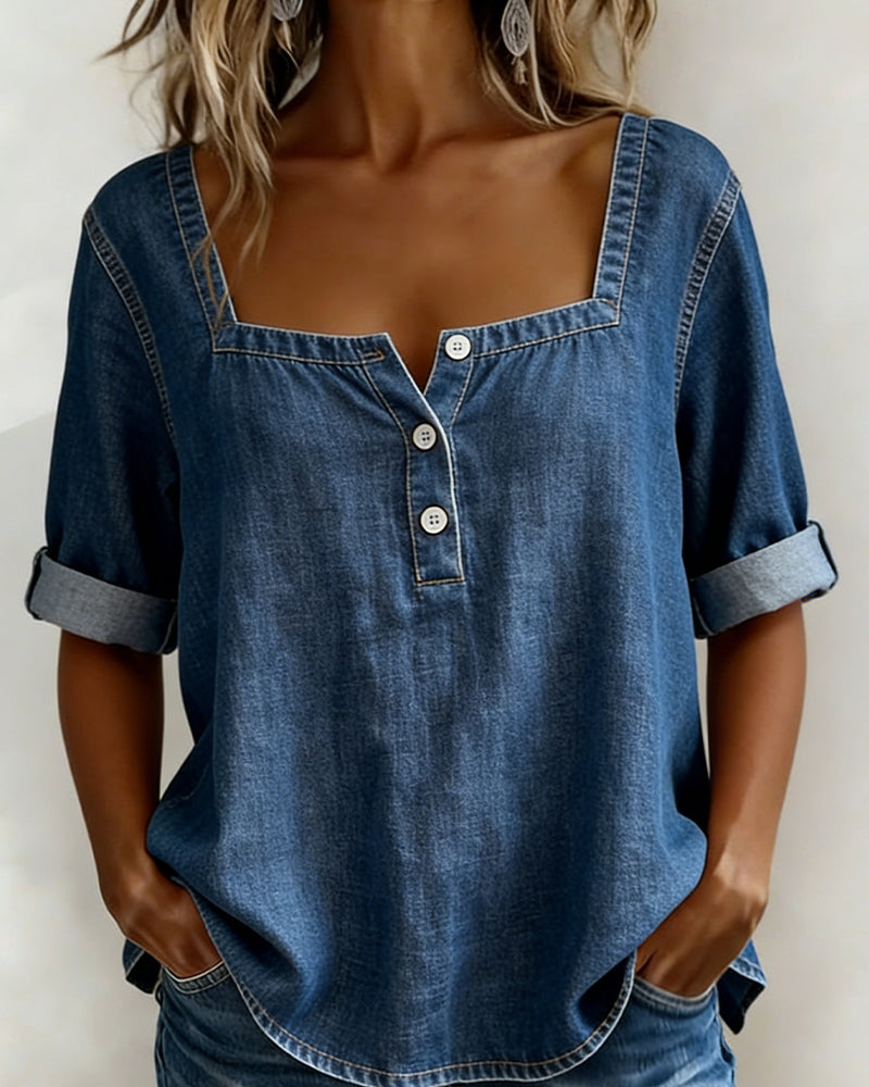 Camisa de denim con cuello cuadrado y manga corta