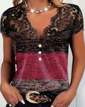 Camiseta de cuello en V con encaje y patchwork de color contrastante