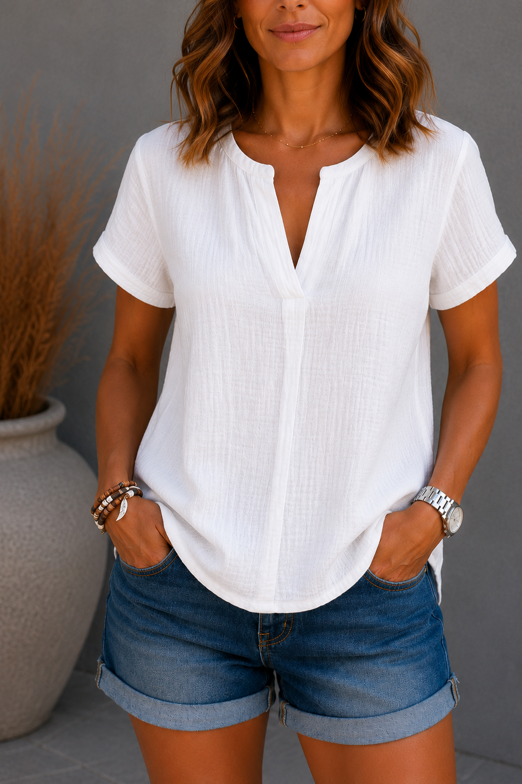 Blusa de escote en V lisa de mangas cortas