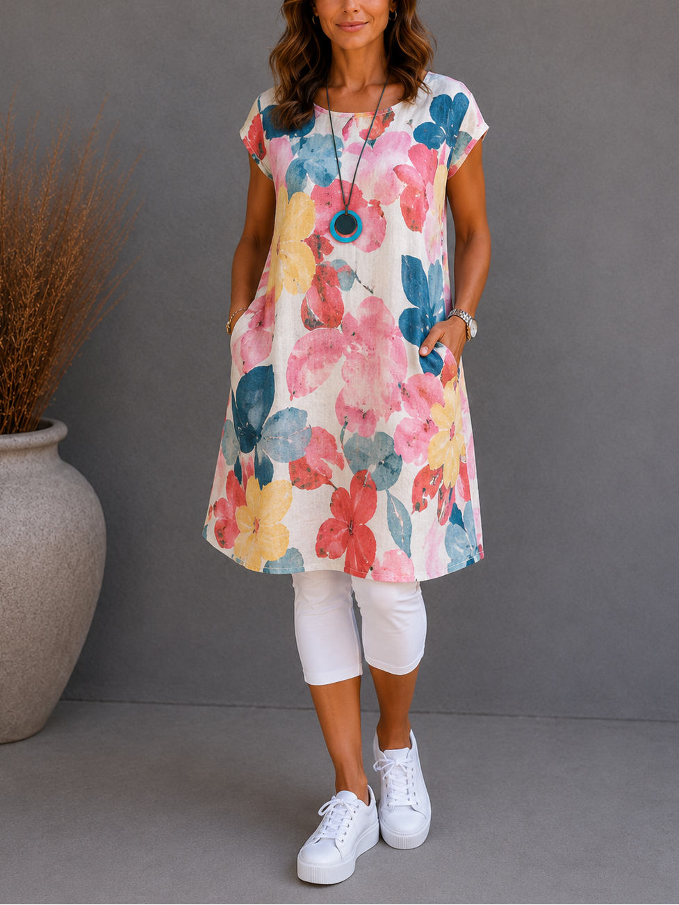 Top largo holgado con estampado floral colorido