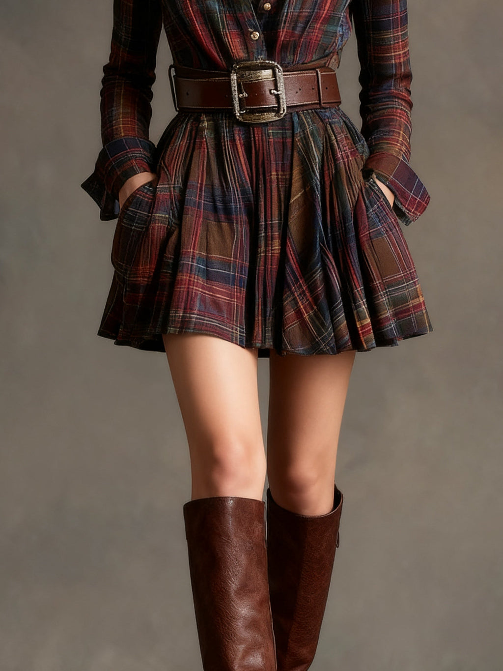 Vestito mini vintage con revers a quadri rosso e marrone, cintura inclusa