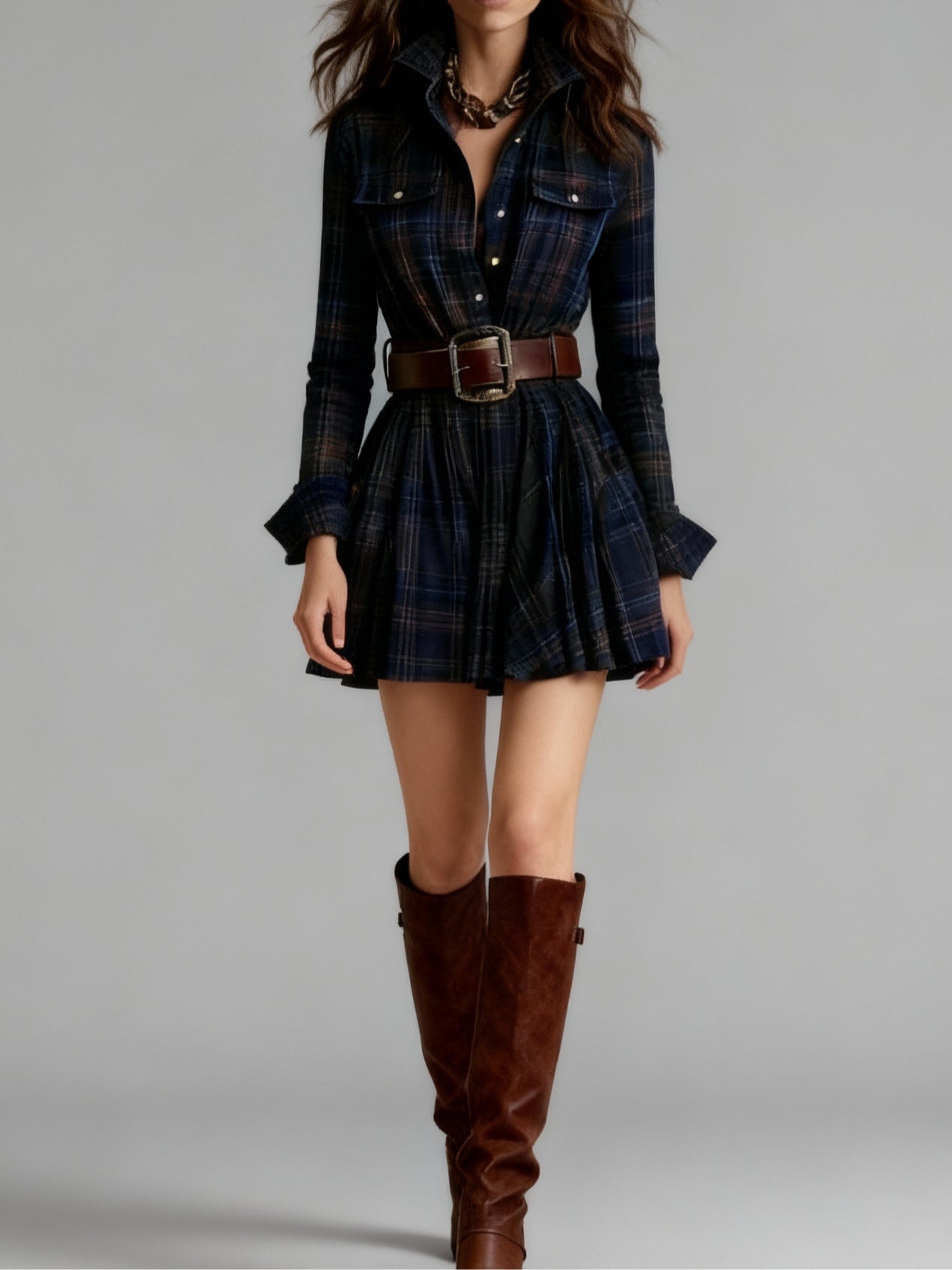 Vestito mini vintage con revers a quadri rosso e marrone, cintura inclusa